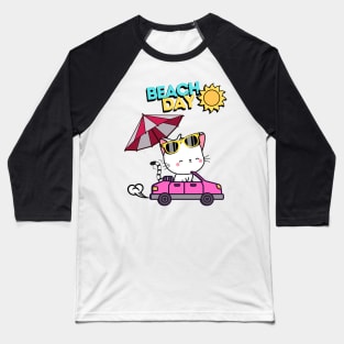 Cute White Angora Cat driving to the beach in summer Baseball T-Shirt